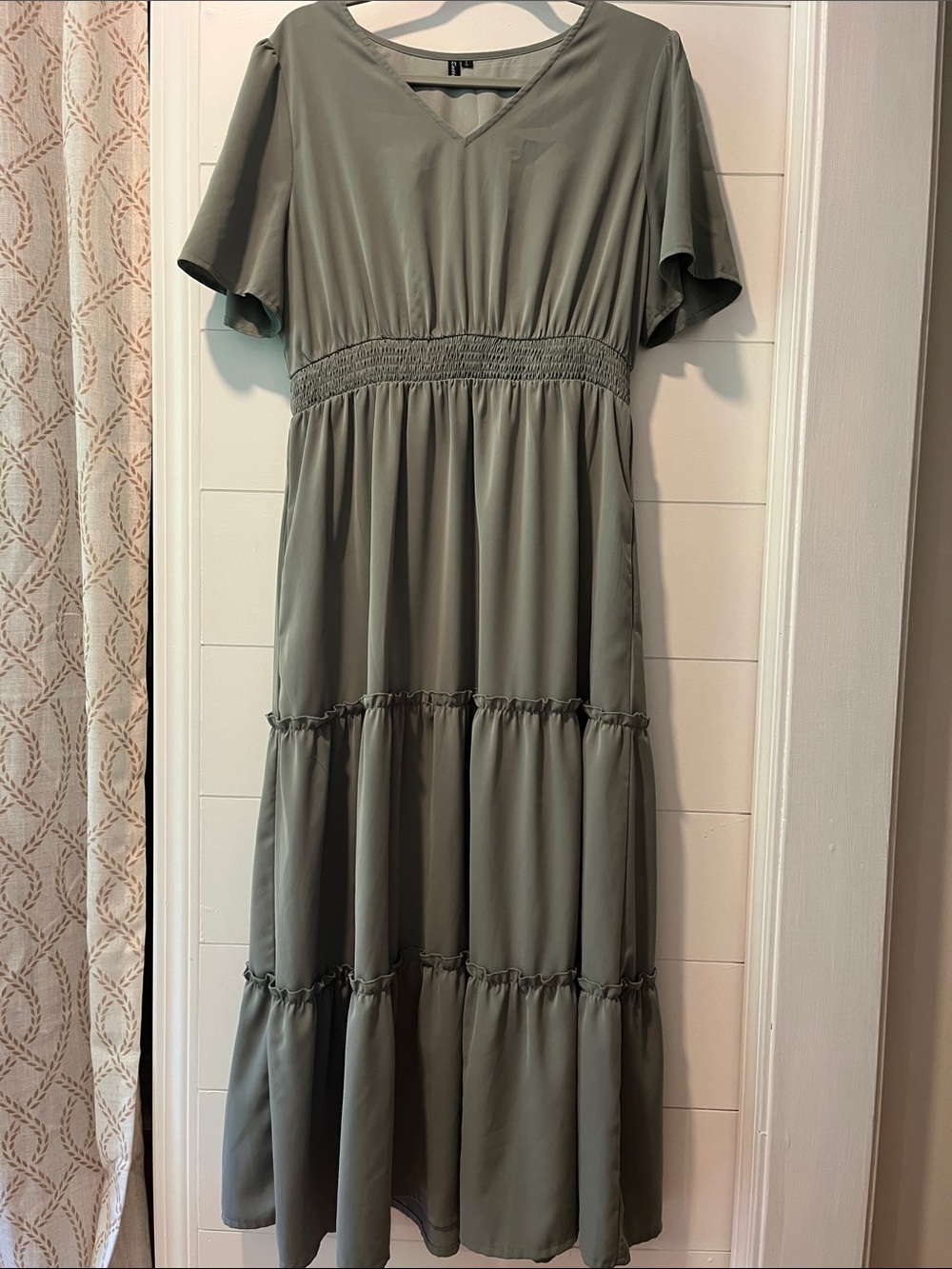 V-Neck Sage Tiered Midi Dress